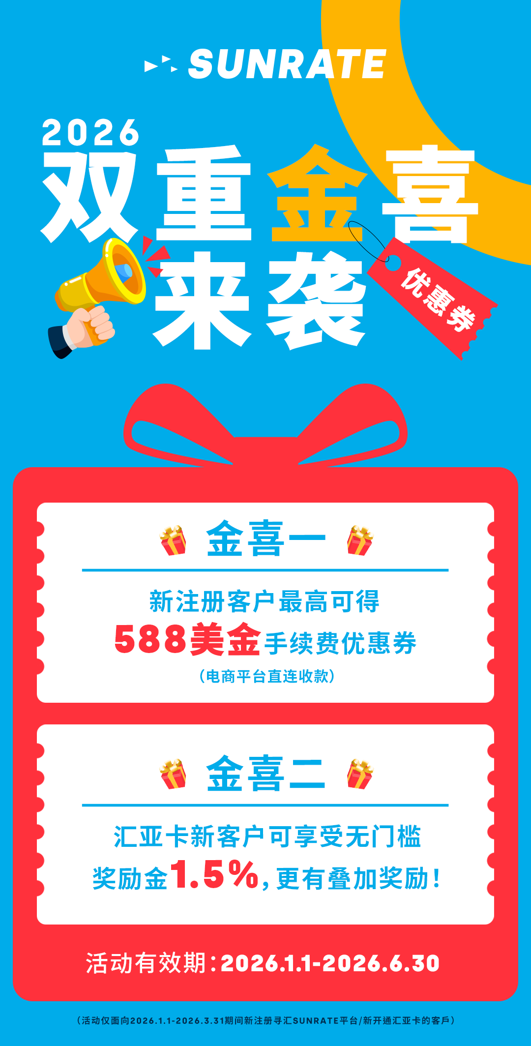 2026第一波金喜到账: 588美金优惠券 ＆ 1.6%汇亚卡奖励金, 速领！